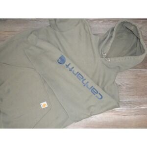 Carhartt Hoodie Sweatshirt Mens L Tall Dusty Olive Green Iconic Logo Sleeve K288